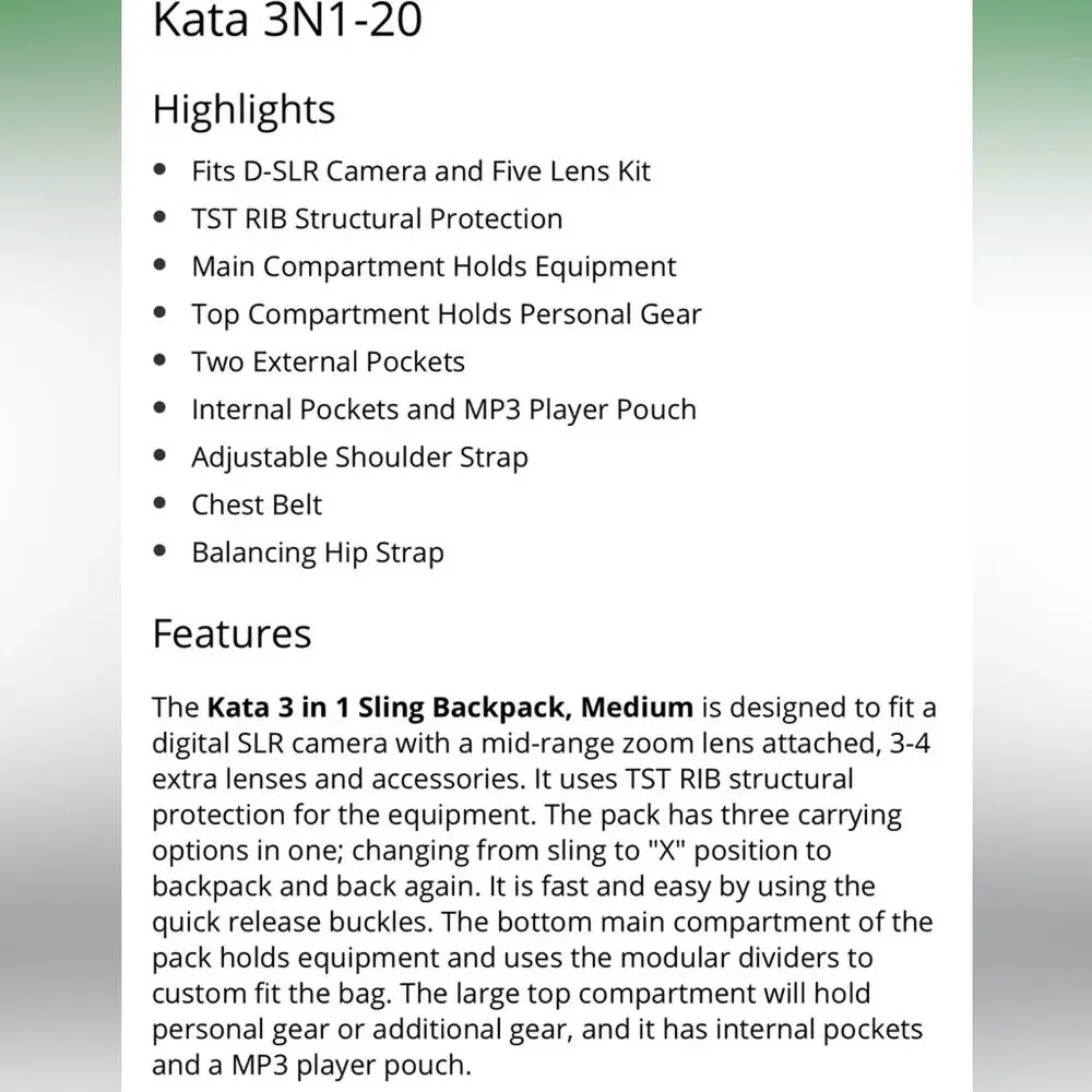 Kata 3in1 - 20 Sling Backpack Medium Black Camera Bag Fits D-SLR Camera 5 Lenses